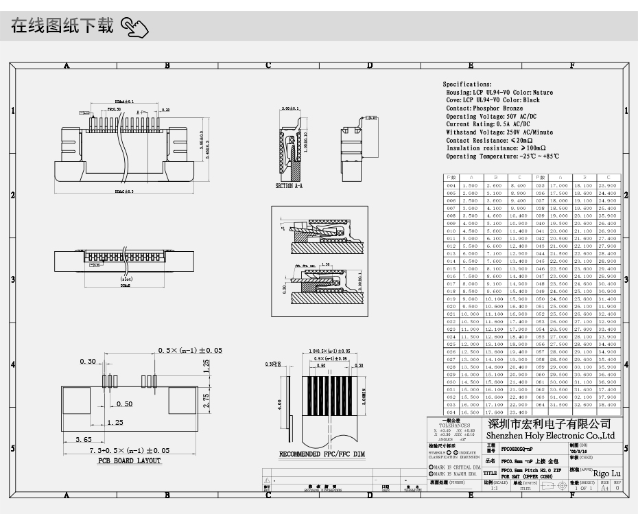 FPC/FFC連接器 0.5mm-16P/18/20/22/24/25/26/28/30P上接H2.0,樱桃在线视频网站